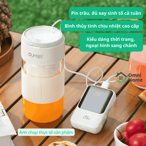Máy Xay Sinh Tố Thủy Tinh Mini OUMI | Không dây, 700ml, 26 Lưỡi Xay, Sạc USB