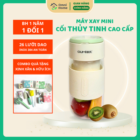 Máy Xay Sinh Tố Thủy Tinh Mini OUMI | Không dây, 700ml, 26 Lưỡi Xay, Sạc USB