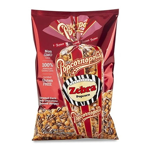 BẮP RANG PHỦ CARAMEL VÀ SOCOLA POPCORNOPOLIS ZEBRA NON GMO 680G