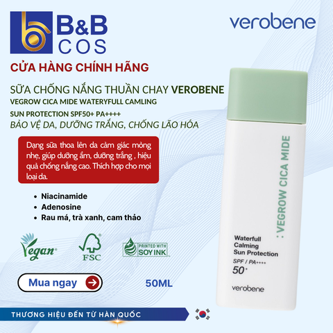 KEM CHỐNG NẮNG THUẦN CHAY VEROBENE SPF 50 PA++++  WATERFULL CALMING SUN  PROTECTION –