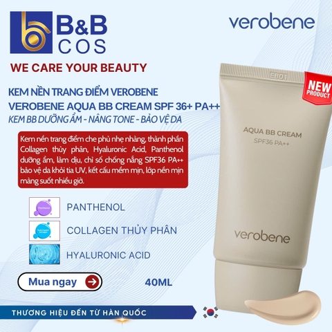 KEM NỀN NÂNG TONE TRANG ĐIỂM TÍCH HỢP CHỐNG NẮNG VEROBENE AQUA BB CREAM SPF36 PA++ 40ML
