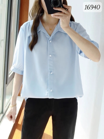 Sơ mi vải lụa BIG SIZE QC màu trơn Tay ngắn - 16940- XANH