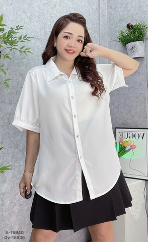 Sơ mi vải lụa BIG SIZE QC màu trơn Tay ngắn- 16940- TRẮNG