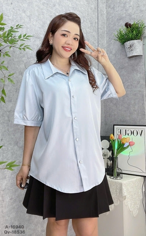 Sơ mi vải lụa BIG SIZE QC màu trơn Tay ngắn - 16940- XANH