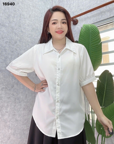 Sơ mi vải lụa BIG SIZE QC màu trơn Tay ngắn- 16940- TRẮNG