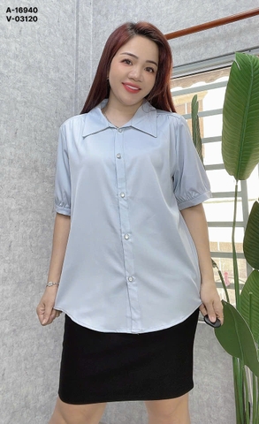 Sơ mi vải lụa BIG SIZE QC màu trơn Tay ngắn - 16940- XANH