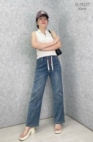 Quần Jean Culottes ống Suông BIGSIZE Quảng Châu lưng cao LT phối dây đôi chất jean co giãn - 18227 - XANH