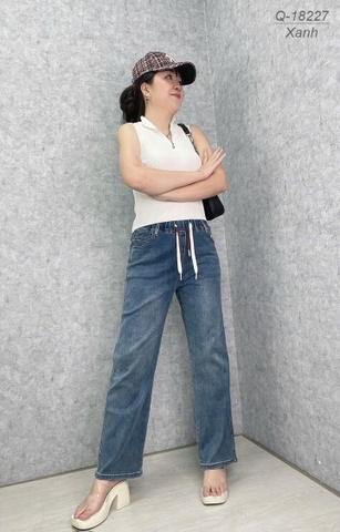 Quần Jean Culottes ống Suông BIGSIZE Quảng Châu lưng cao LT phối dây đôi chất jean co giãn - 18227 - XANH