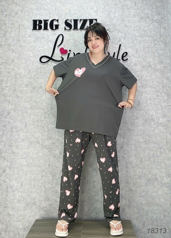 Bộ dài BIGSIZE QCCC thun cotton mịn đẹp loại 1, SD.TN DAI 100kg- 110kg, Cổ Nơ #6608 tim - 18313- Xám