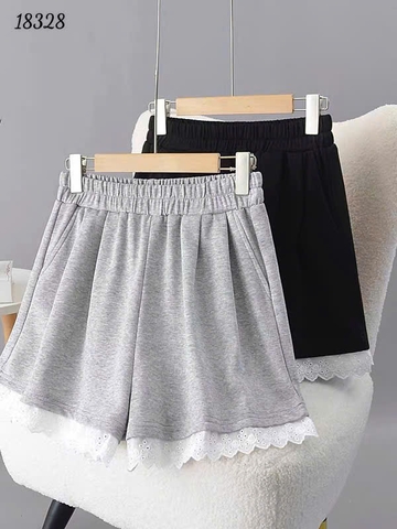 Quần Váy BIGSIZE dáng A short đùi lai Ren lưng thun 18328 - XÁM