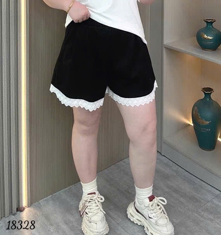 Quần Váy BIGSIZE dáng A short đùi lai Ren lưng thun 18328- ĐEN