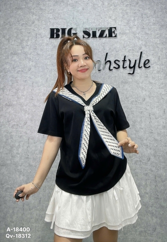 Áo thun thuỷ thủ, cổ tim 00270 BIGSIZE Quảng Châu- 18400- ĐEN