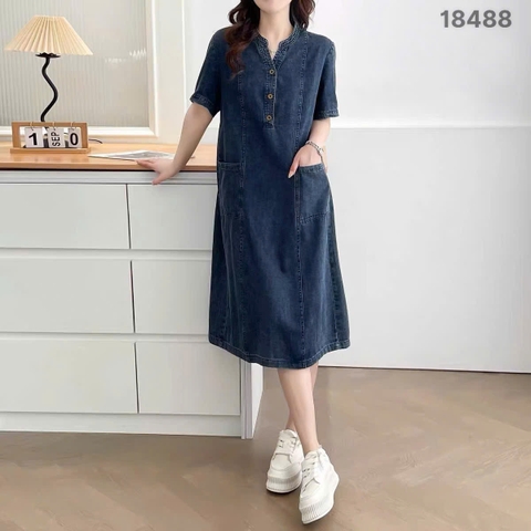 18488 Đầm Jean cổ V nút 00400