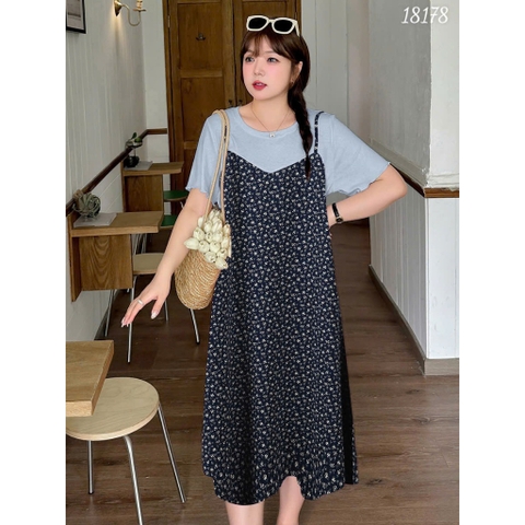18178 Đầm yếm 2d 00414 Hoa- XANH