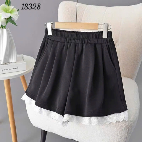 Quần Váy BIGSIZE dáng A short đùi lai Ren lưng thun 18328- ĐEN
