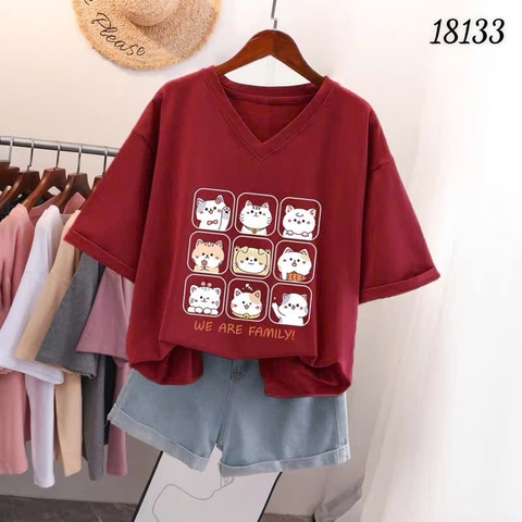 S00210- Áo thun BIGSIZE Quảng Châu cổ tim hình 9 bé Meo- dễ thương chất mịn đẹp co giãn - 18133 ĐỎ