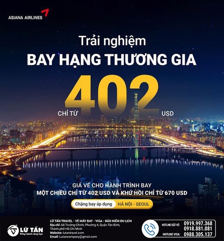 Trải nghiệm bay hạng Thương Gia chỉ từ 402 USD cho chặng bay Hà Nội  - Seoul cùng Asiana Airlines