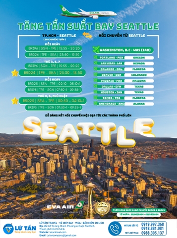 EVA AIR THÔNG BÁO TĂNG TẦN SUẤT BAY TPHCM - SEATTLE (MỸ)