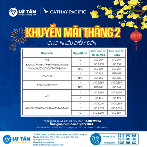 KHUYỄN MÃI THÁNG 2/2024 TỪ CATHAY PACIFIC CHO NHIỀU ĐIỂM ĐẾN