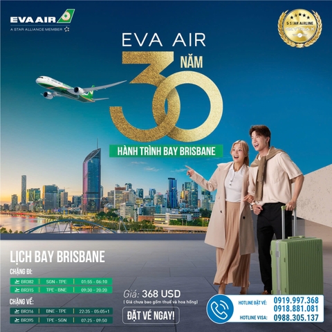 EVA Air Kỷ Niệm 30 Năm Bay Brisbane - Giá Vé Từ 368 USD