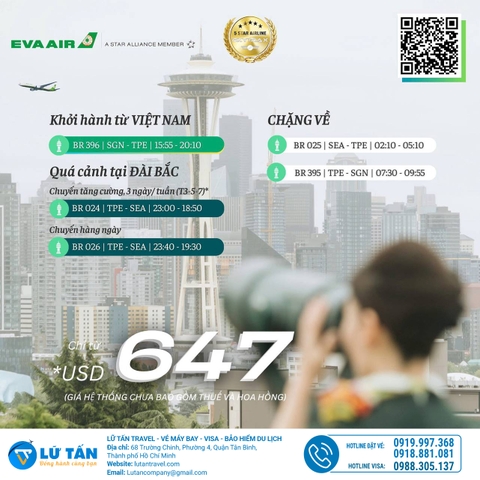 EVA AIR TĂNG CƯỜNG CHUYẾN BAY ĐẾN SEATTLE VÀO MÙA ĐÔNG NÀY VỚI GIÁ VÉ HẤP DẪN