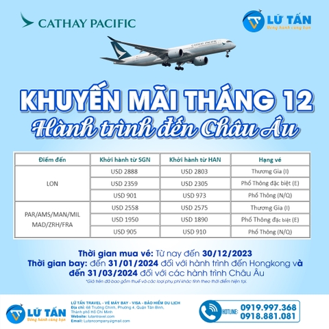 Cathay Pacific - Gia hạn khuyến mãi cho các hành trình đến Châu Âu
