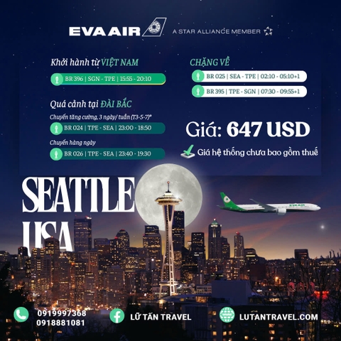 EVA AIR ĐẨY MẠNH CHUYẾN BAY ĐẾN SEATLLE MÙA THU NÀY VỚI GIÁ VÉ CỰC HẤP DẪN