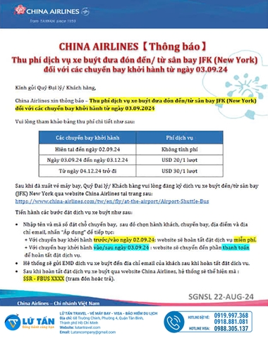 CHINA AIRLINES THÔNG BÁO THU PHÍ DỊCH VỤ ĐƯA ĐÓN ĐẾN / TỪ SÂN BAY JFK (NEW YORK) TỪ 3/9/2024