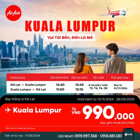 AIRASIA CHÍNH THỨC MỞ BÁN ĐƯỜNG BAY ĐÀ LẠT - KUALA LUMPUR