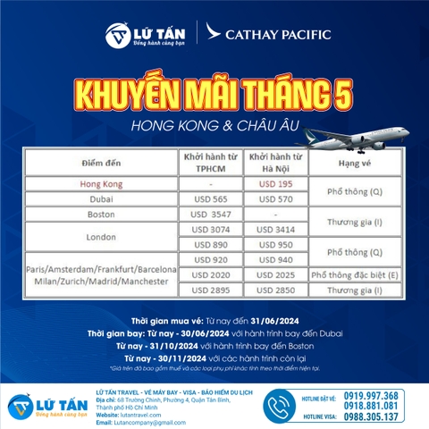 KHUYẾN MÃI HÀNH TRÌNH ĐẾN CHÂU ÂU - DUBAI - BOSTON - HONGKONG - CATHAY PACIFIC