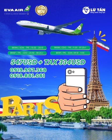 CHU DU PARIS CÙNG HÃNG HÀNG KHÔNG 5 SAO EVA AIR