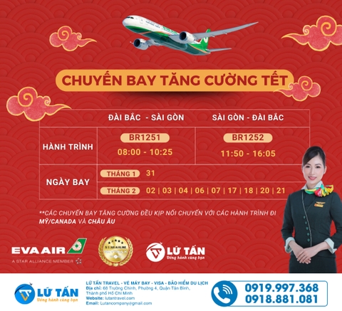 Eva Air tăng cường thêm chuyến bay Tết Nguyên đán 2024