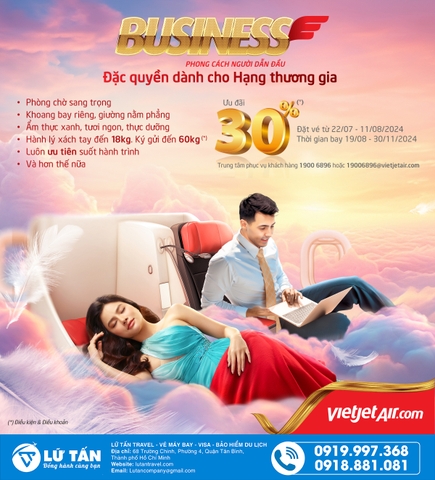 Tận hưởng đặc quyền Hạng thương gia với ưu đãi 30% từ Vietjet Air cho hạng thương gia !!!