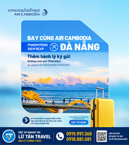 Air Cambodia tặng thêm 1 kiện 23kg trên đường bay Đà Nẵng