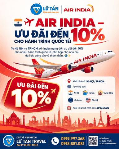 Air India giảm đến 10% vé quốc tế tháng 10/2026