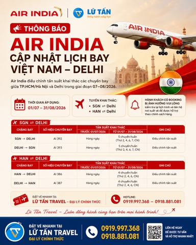 Air India cập nhật lịch bay Việt Nam Delhi 2026