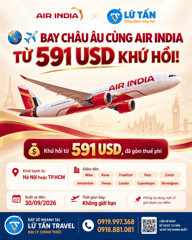 Air India vé châu Âu từ 591 USD khứ hồi