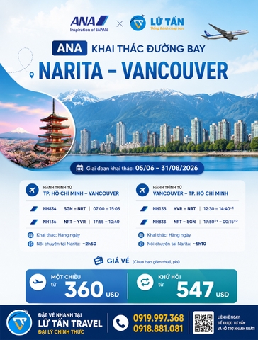 ANA mở đường bay Narita Vancouver mùa hè 2026