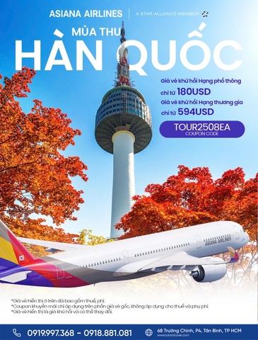 Asiana Airlines 2025: Vé Hàn Quốc mùa thu chỉ từ 180 USD