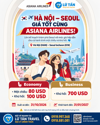 Asiana Hà Nội – Seoul từ 80 USD đến tháng 10/2026