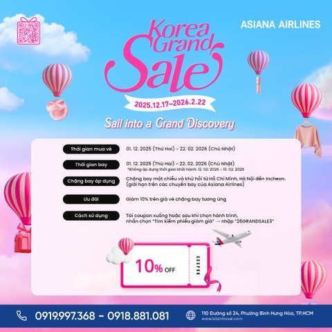 Asiana Airlines 2026: Săn vé Hàn Quốc (Incheon) giảm 10% dịp Korea Grand Sale