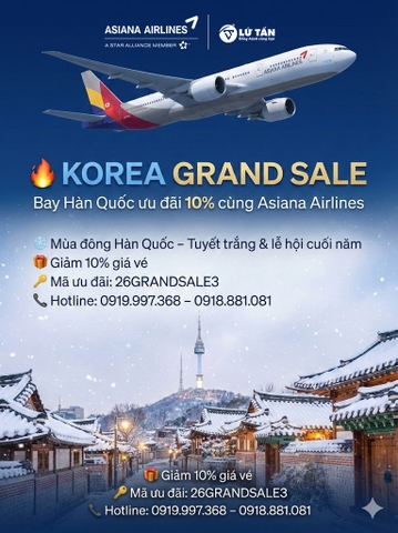Korea Grand Sale 2026: Asiana Airlines Ưu Đãi 10% Vé Bay Hàn Quốc
