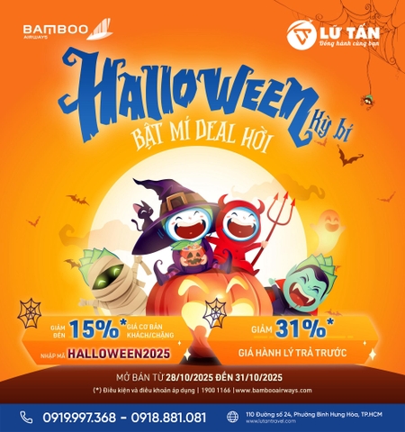 Bamboo Airways 2025: Giảm 15% vé Halloween, giảm 31% hành lý