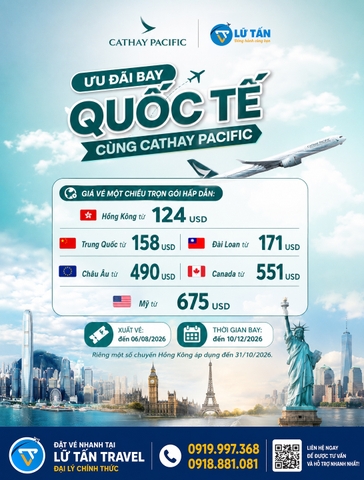 Cathay Pacific ưu đãi vé quốc tế từ 124 USD 2026