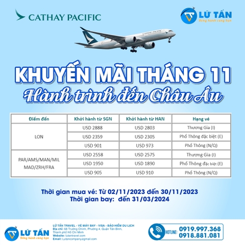 Khuyến mãi tháng 11 từ Cathay Pacific cho các hành trình đến Châu Âu