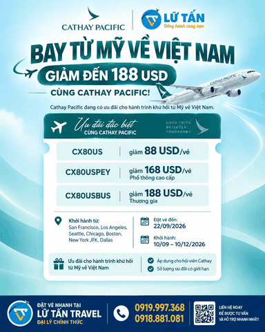 Cathay giảm đến 188 USD vé Mỹ - Việt Nam 2026