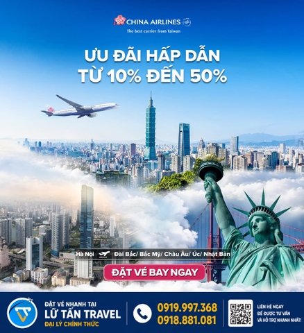 China Airlines giảm đến 50% từ Hà Nội 2026