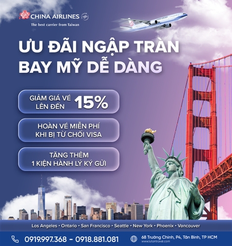 China Airlines 2025: Giảm 15% bay Mỹ, hoàn vé miễn phí