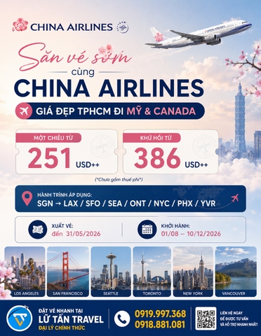 Vé China Airlines đi Mỹ Canada từ TPHCM 2026