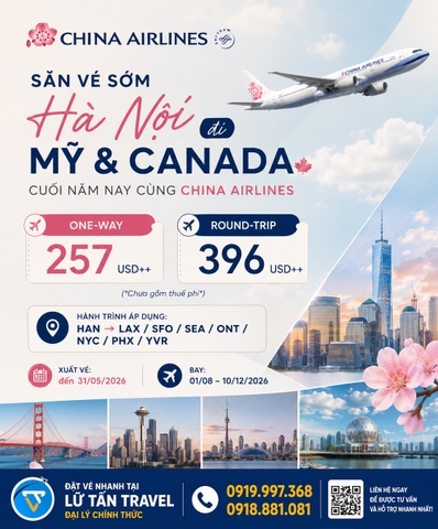 Vé China Airlines đi Mỹ Canada giá tốt 2026